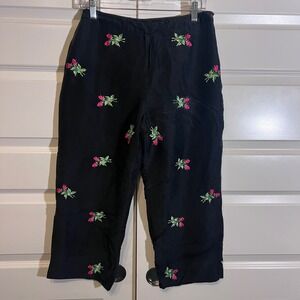 Vision Apparel Vintage Rose Embroidered Black Silk Cropped Pants, Women's Size 8